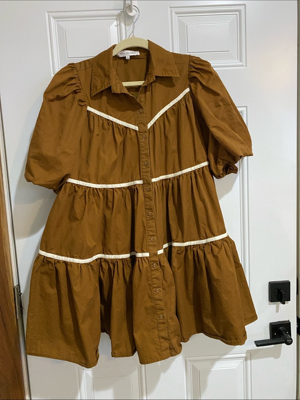 Button-Front Tiered Mini Dress in Brown with White Trim